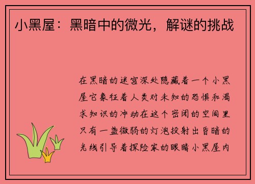 小黑屋：黑暗中的微光，解谜的挑战