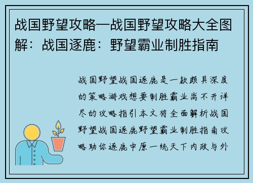 战国野望攻略—战国野望攻略大全图解：战国逐鹿：野望霸业制胜指南