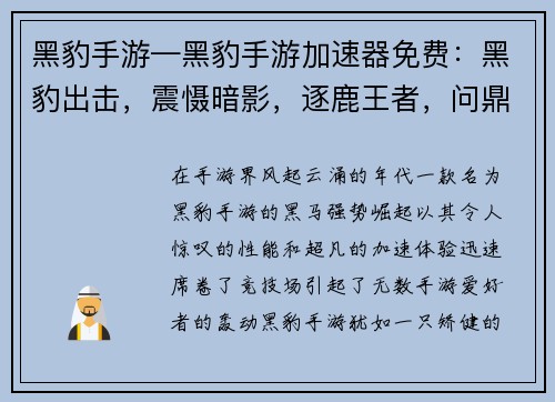 黑豹手游—黑豹手游加速器免费：黑豹出击，震慑暗影，逐鹿王者，问鼎巅峰