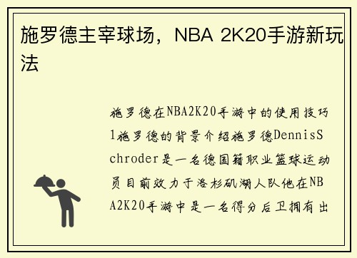 施罗德主宰球场，NBA 2K20手游新玩法