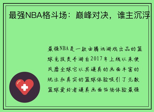 最强NBA格斗场：巅峰对决，谁主沉浮